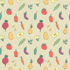 Vegetables seamless pattern. Vegetarian healthy bio food background, Vegan organic eco products pepper, tomato, cucumber, carrot, potato, avocado, beans and peas. Vector illustration