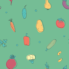 Vegetables seamless pattern. Vegetarian healthy bio food background, Vegan organic eco products pepper, tomato, cucumber, carrot, potato, avocado, beans and peas. Vector illustration
