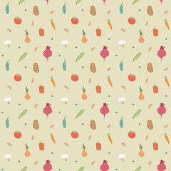 Vegetables seamless pattern. Vegetarian healthy bio food background, Vegan organic eco products pepper, tomato, cucumber, carrot, potato, avocado, beans and peas. Vector illustration