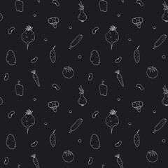 Vegetables seamless pattern. Vegetarian healthy bio food background, Vegan organic eco products pepper, tomato, cucumber, carrot, potato, avocado, beans and peas. Vector illustration
