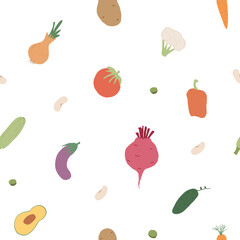 Vegetables seamless pattern. Vegetarian healthy bio food background, Vegan organic eco products pepper, tomato, cucumber, carrot, potato, avocado, beans and peas. Vector illustration