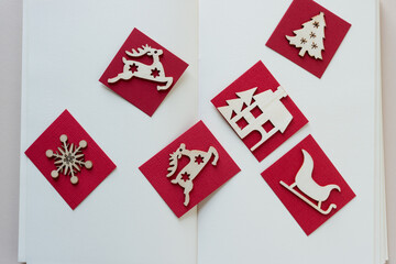 christmas background with decorative ornaments, gift tags, and paper