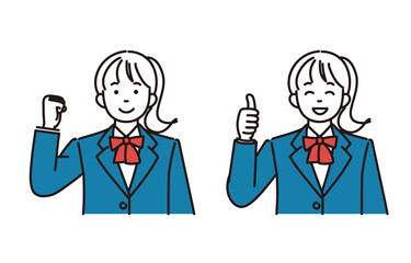 ガッツポーズとナイスポーズをしている女子高生または女子中学生のシンプルイラスト2ポーズセット