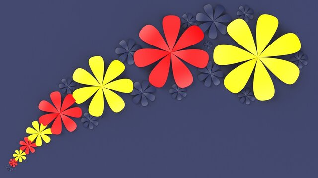 Dark blue background with red-yellow paper flowers. Concept image of happy Invitation and reception sign. 3D CG. 3D high quality rendering. 3D illustration. High resolution.