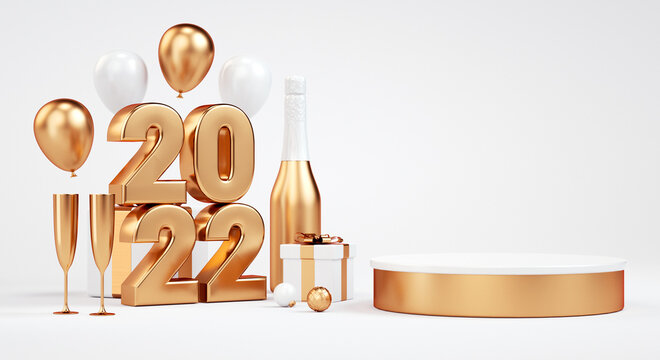 2022 golden podium pedestal with golden metallic numbers and festive stuff for product display. Elegant platform for promotional new year marketing and online shopping concept in 3D rendering