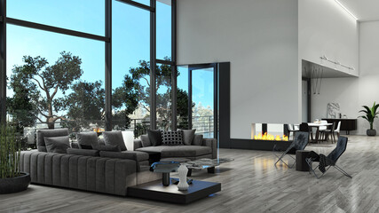 Illustration 3D rendering large luxury modern bright interiors Living room mockup computer digitally generated image