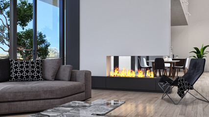 Illustration 3D rendering large luxury modern bright interiors Living room mockup computer digitally generated image