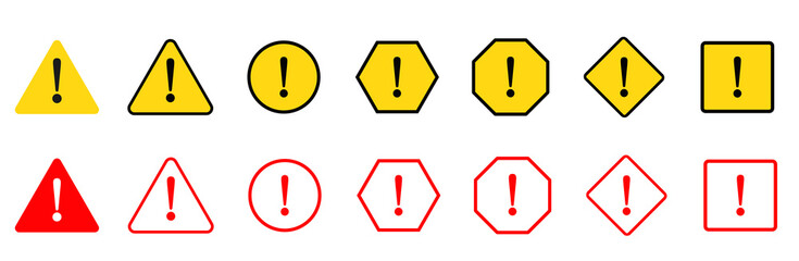 Exclamation mark of warning attention icon set. Attention, Warning, Important mark Triangular. Stock vector.