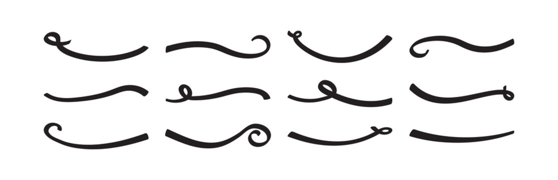 Swoop, swish vector line icon, swoosh and swash black underline set, hand drawn swirl and curly text elements isolated on white background. Doodle retro collection