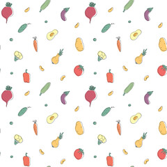 Vegetables seamless pattern. Vegetarian healthy bio food background, Vegan organic eco products pepper, tomato, cucumber, carrot, potato, avocado, beans and peas. Vector illustration