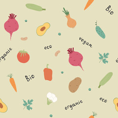 Vegetables seamless pattern. Vegetarian healthy bio food background, Vegan organic eco products pepper, tomato, cucumber, carrot, potato, avocado, beans and peas. Vector illustration