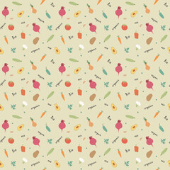 Vegetables seamless pattern. Vegetarian healthy bio food background, Vegan organic eco products pepper, tomato, cucumber, carrot, potato, avocado, beans and peas. Vector illustration