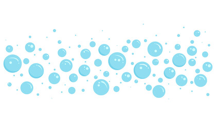 Blue bubble vector soap background, foam border, abstract suds pattern. Transparent effervescent air bubbles stream. Cartoon soda pop. Fizzy drinks. Carbonated illustration