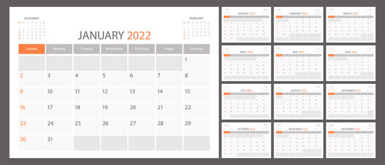Calendar planner 2022, vector schedule month calender, organizer template. Week starts on Sunday. Business personal page. Modern simple illustration