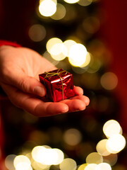 dawać prezent - dłoń trzymająca mały czerwony prezent, prezent świąteczny, święta bożego narodzenia - obrazy, fototapety, plakaty