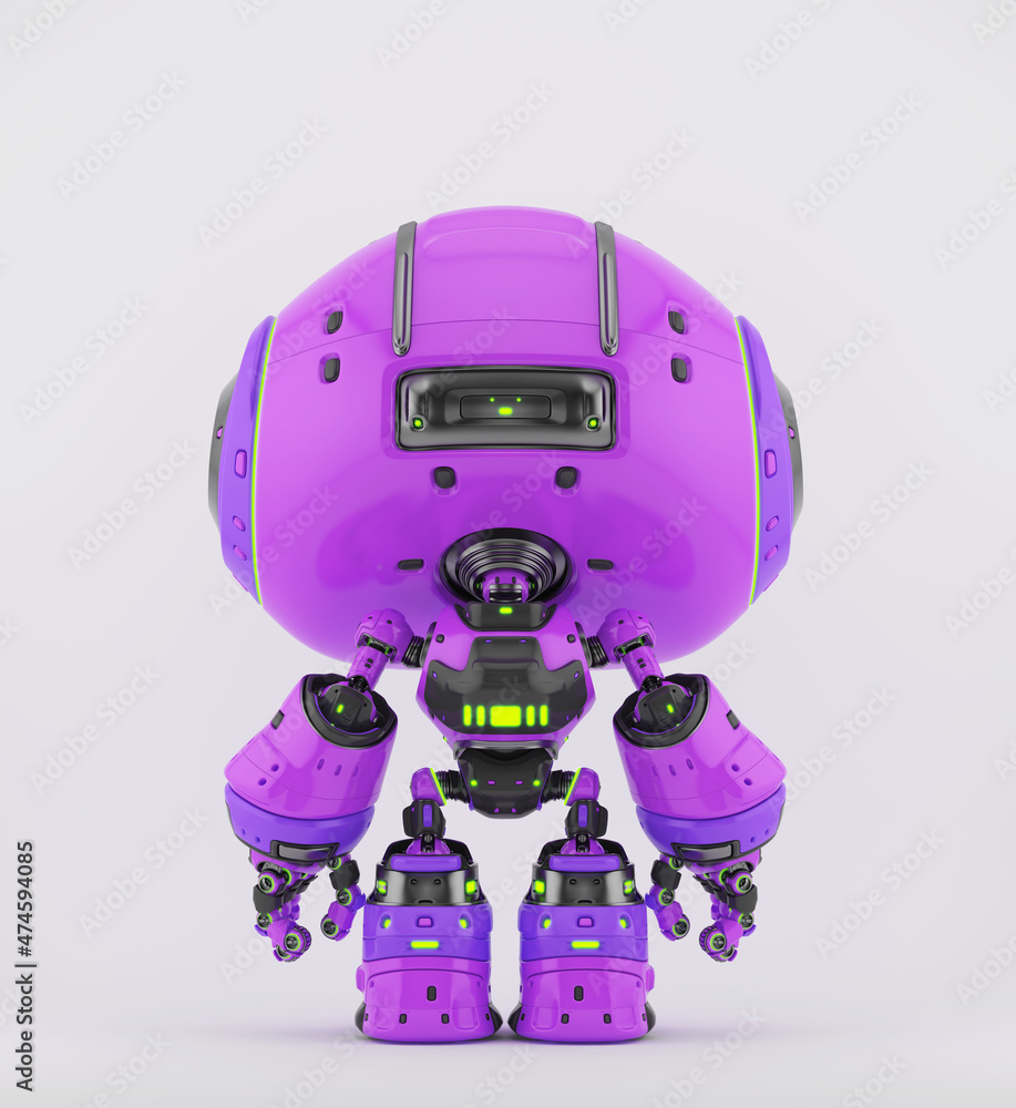 Poster back view of a futuristic purple robot with intricate mechanical details, standing on a white backgr
