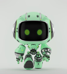 Cute green robot taking a step forward on a clean white background, showcasing a friendly design with glowing eyes and articulated limbs.
