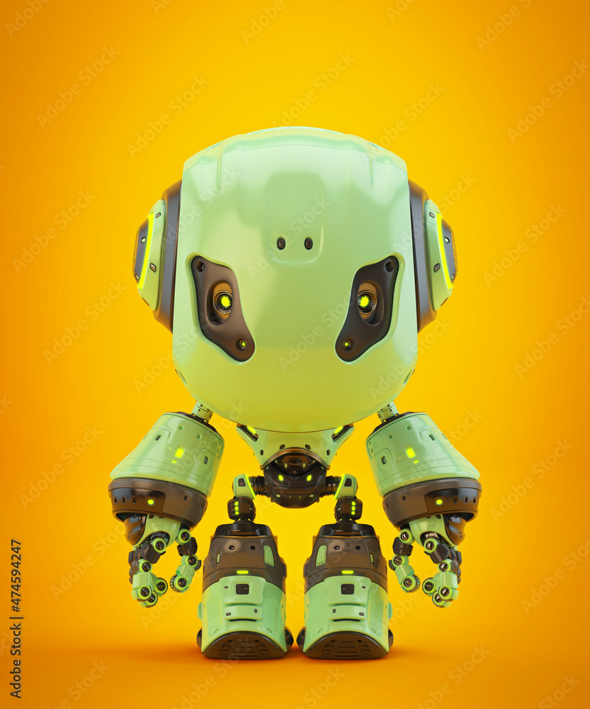 Poster smart robotic character in green, 3d rendering on bright orange background in front angle