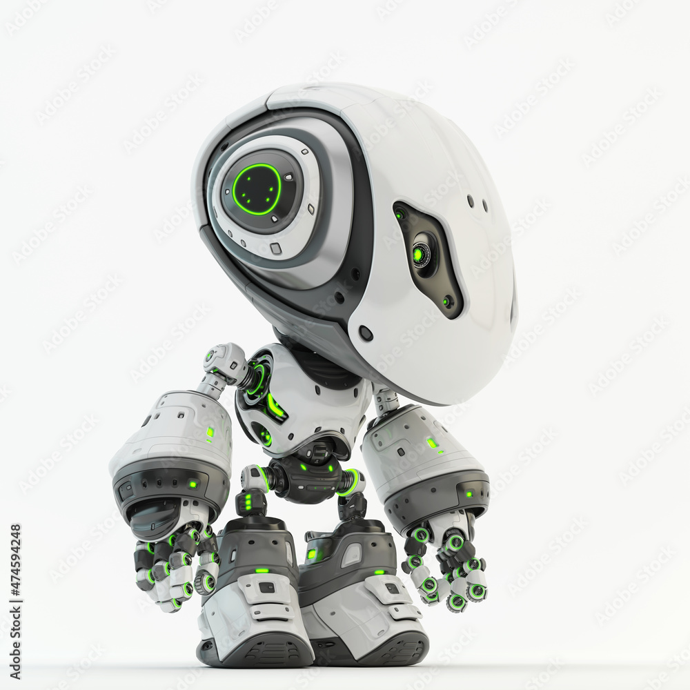 Poster smart robotic character in white 3d render in side angle