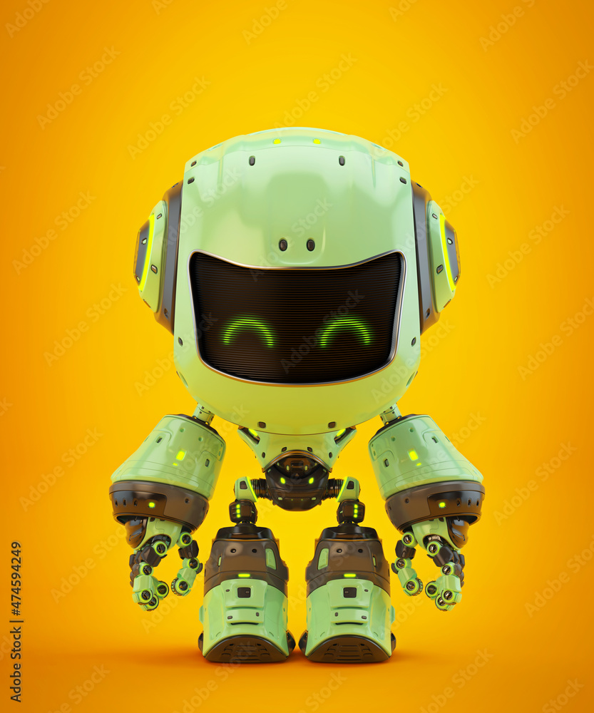 Poster green android robot toy mocco with digital face-screen on colorful back, 3d rendering