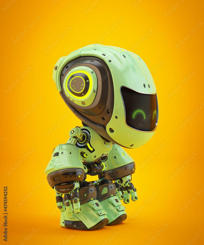Poster green android robot toy mocco with digital face-screen on colorful back, 3d rendering in side angle