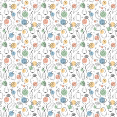 Vegetables seamless pattern. Vegetarian healthy bio food background, Vegan organic eco products pepper, tomato, cucumber, carrot, potato, avocado, beans and peas. Vector illustration