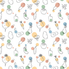 Vegetables seamless pattern. Vegetarian healthy bio food background, Vegan organic eco products pepper, tomato, cucumber, carrot, potato, avocado, beans and peas. Vector illustration