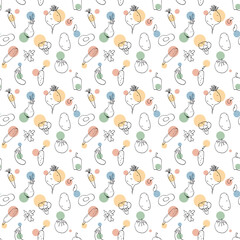 Vegetables seamless pattern. Vegetarian healthy bio food background, Vegan organic eco products pepper, tomato, cucumber, carrot, potato, avocado, beans and peas. Vector illustration