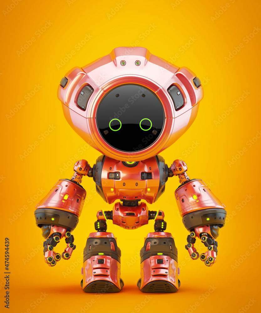 Poster unique red mod bot on bright back, 3d rendering