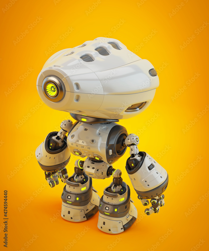 Poster unique white mod bot on bright back, 3d rendering in side-back angle