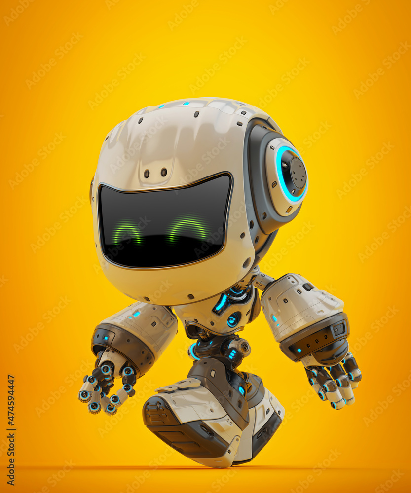 Poster white android robot toy mocco on colorful back walking forward, 3d rendering