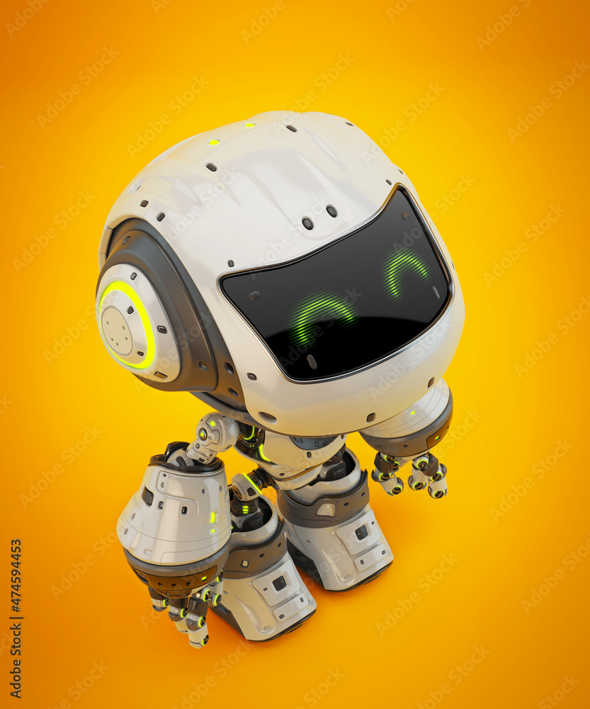 Poster white android robot toy mocco on colorful back looking up, 3d rendering