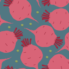 Beetroot Vegetables seamless pattern. Vegetarian healthy bio food background, Vegan organic eco products. Vector illustration