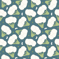 Broccoli or Cauliflower Vegetables seamless pattern. Vegetarian healthy bio food background, Vegan organic eco products. Vector illustration