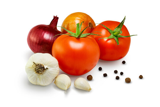 Tomato, garlic and onion isolated on white background. Package design element with clipping path.