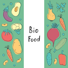 Vegetables seamless pattern. Vegetarian healthy bio food background, Vegan organic eco products pepper, tomato, cucumber, carrot, potato, avocado, beans and peas. Vector illustration