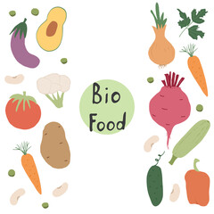 Fototapeta premium Vegetables seamless pattern. Vegetarian healthy bio food background, Vegan organic eco products pepper, tomato, cucumber, carrot, potato, avocado, beans and peas. Vector illustration