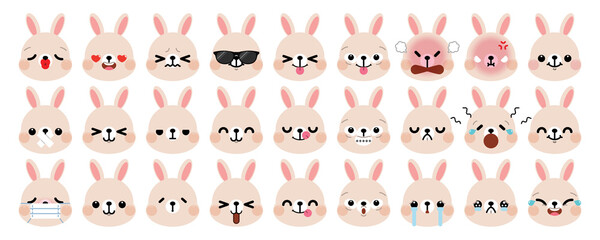 Set of cute cartoon rabbit emoji isolated on white background. Vector Illustration.