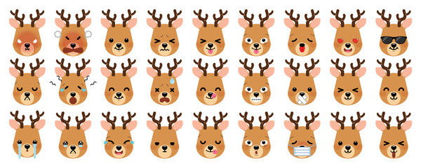 Set of cute cartoon reindeer emoji isolated on white background. Vector Illustration.