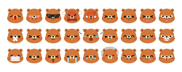 Set of cute cartoon bear emoji isolated on white background. Vector Illustration.