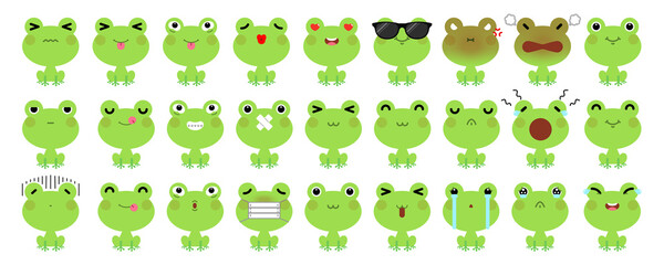 Set of cute cartoon green frog emoji isolated on white background. Vector Illustration.