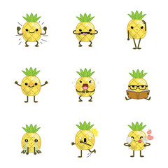 Set of cute cartoon pineapple isolated on white background. Vector illustration.