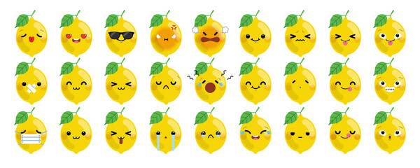 Set of cute cartoon lemon emoji isolated on white background. Vector Illustration.