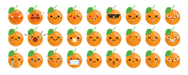 Fototapeta premium Set of cute cartoon orange emoji isolated on white background. Vector Illustration.