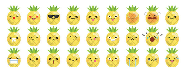 Fototapeta premium Set of cute cartoon pineapple emoji isolated on white background. Vector Illustration.
