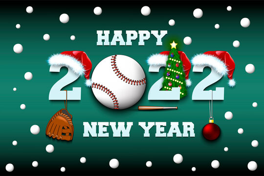 Happy new year. 2022 with baseball ball. Numbers in Christmas hats with baseball glove and Christmas tree ball. Original template design for greeting card. Vector illustration on isolated background
