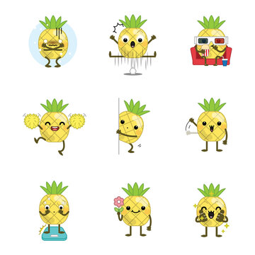 Set of cute cartoon pineapple isolated on white background. Vector illustration.