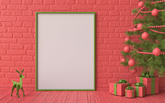 Mock up blank picture frame Red and green  Christmas decoration and gifts 3D