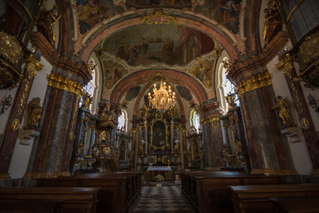 Prague, Czech Republic, June 2019 - view  of the Baroque Church of the Nativity at Loreto (Loreta),...