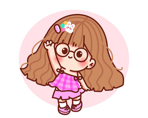 Cute girl raising hands for answer or trying to participate education concept cartoon hand drawn cartoon art illustration